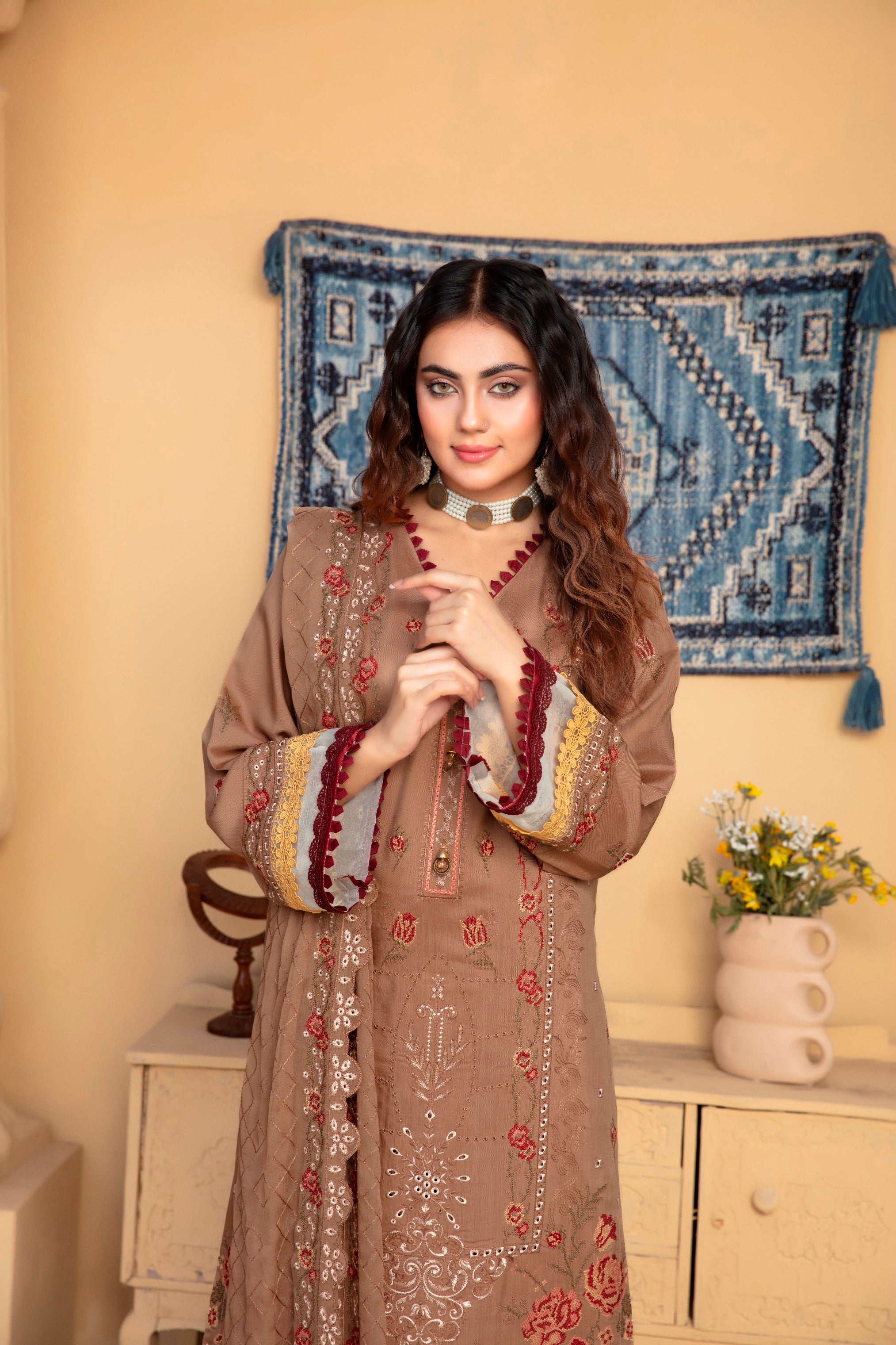3-Pcs Luxury Embroidery Viscose Suit with Heavy Embroidery  Shirt Bamber Embroidery  Dupatta by Fiza Minahil (SN/1293.J)