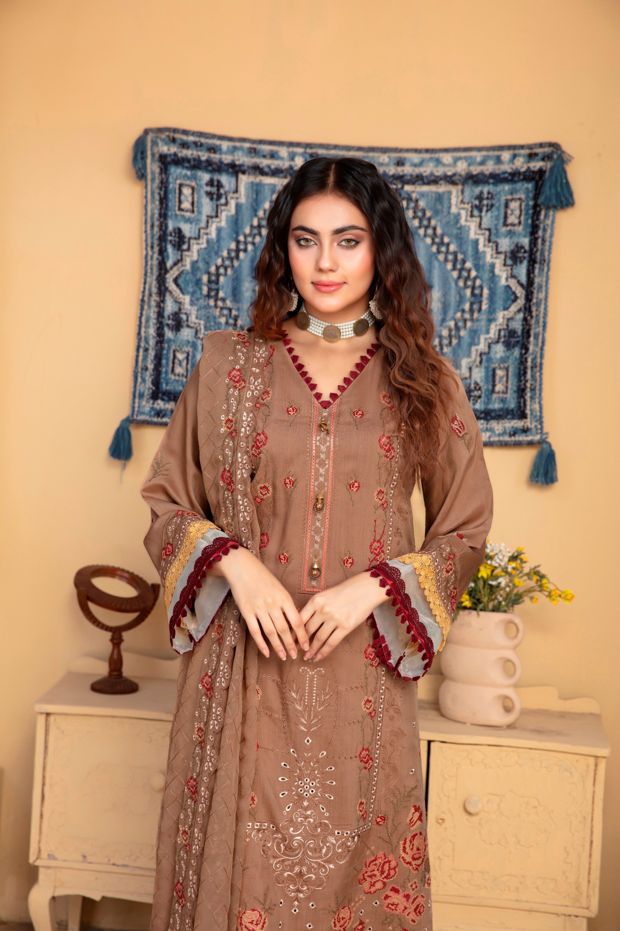 3-Pcs Luxury Embroidery Viscose Suit with Heavy Embroidery  Shirt Bamber Embroidery  Dupatta by Fiza Minahil (SN/1293.J)