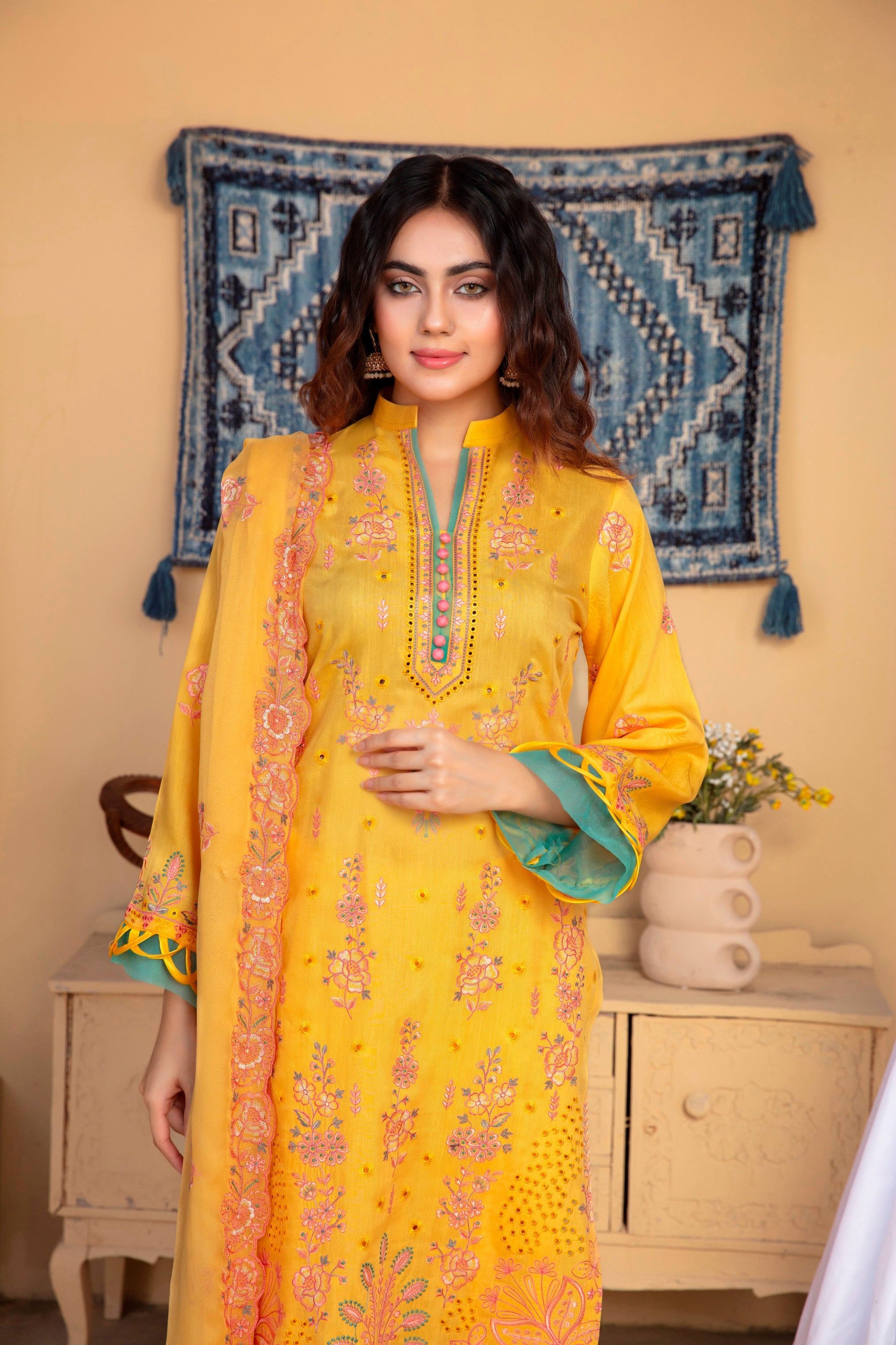 3-Pcs Luxury Embroidery Viscose Suit with Heavy Embroidery  Shirt Bamber Embroidery  Dupatta by Fiza Minahil (SN/1293.K)