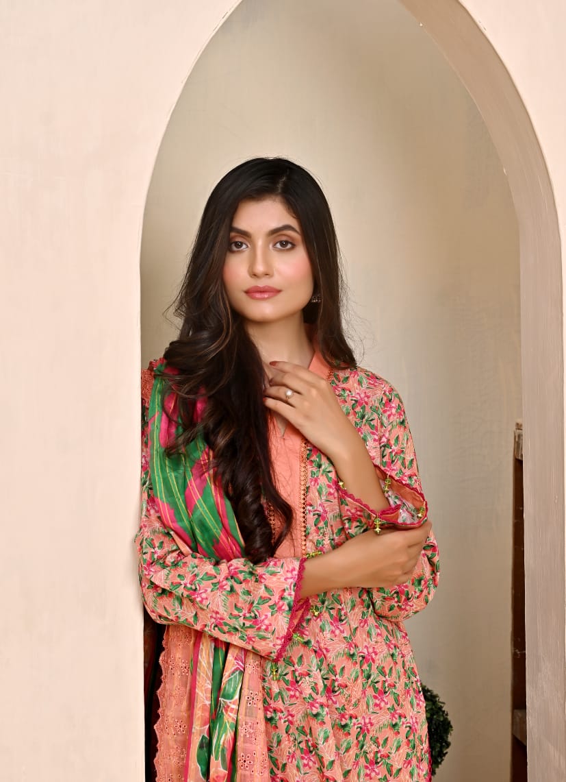 3 PIECE UNSTITCHED LAWN, Luxury Lawn With Cutwork Dupata By Fiza Minahil