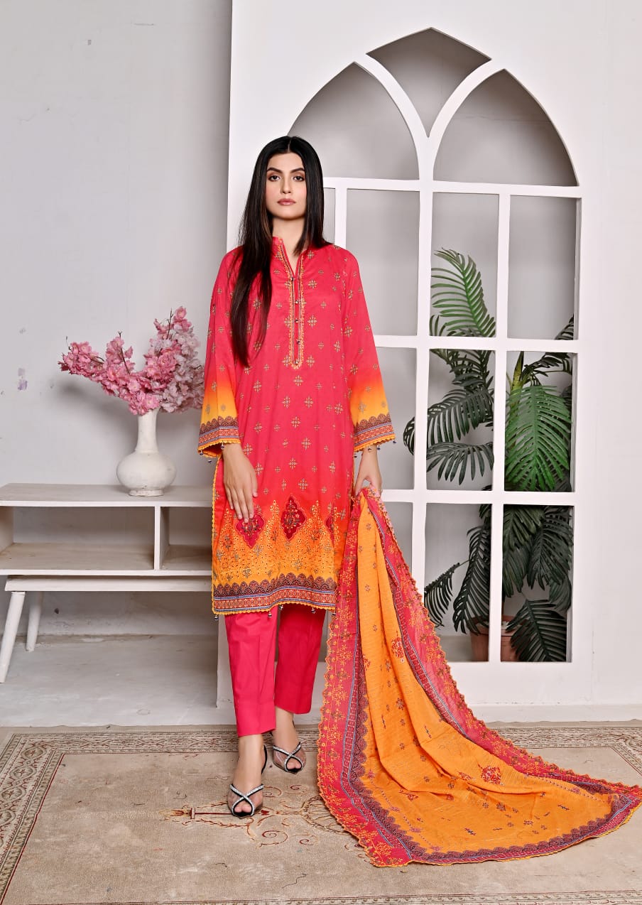 3 PIECE UNSTITCHED LAWN, Luxury Lawn With Cutwork Dupata By Fiza Minahil