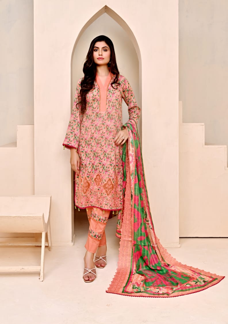 3 PIECE UNSTITCHED LAWN, Luxury Lawn With Cutwork Dupata By Fiza Minahil