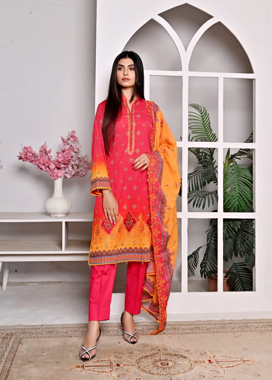 3 PIECE UNSTITCHED LAWN, Luxury Lawn With Cutwork Dupata By Fiza Minahil