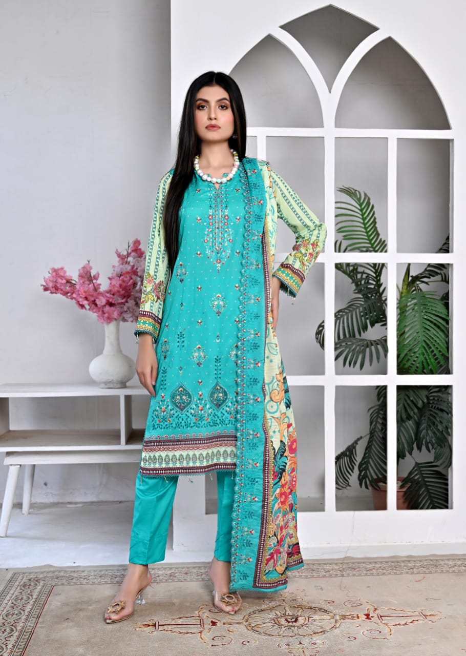 3 PIECE UNSTITCHED LAWN, Luxury Lawn With Cutwork Dupata By Fiza Minahil