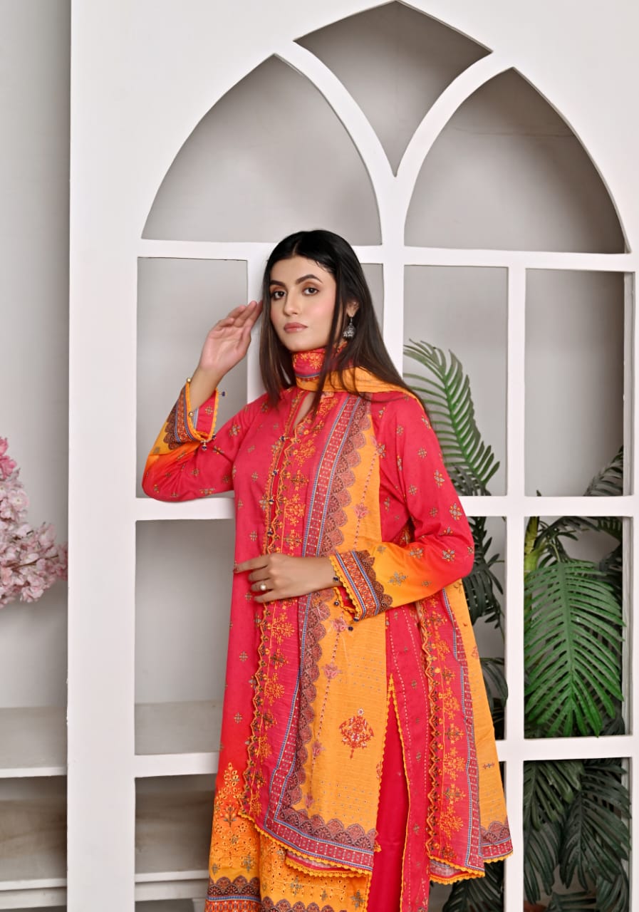 3 PIECE UNSTITCHED LAWN, Luxury Lawn With Cutwork Dupata By Fiza Minahil