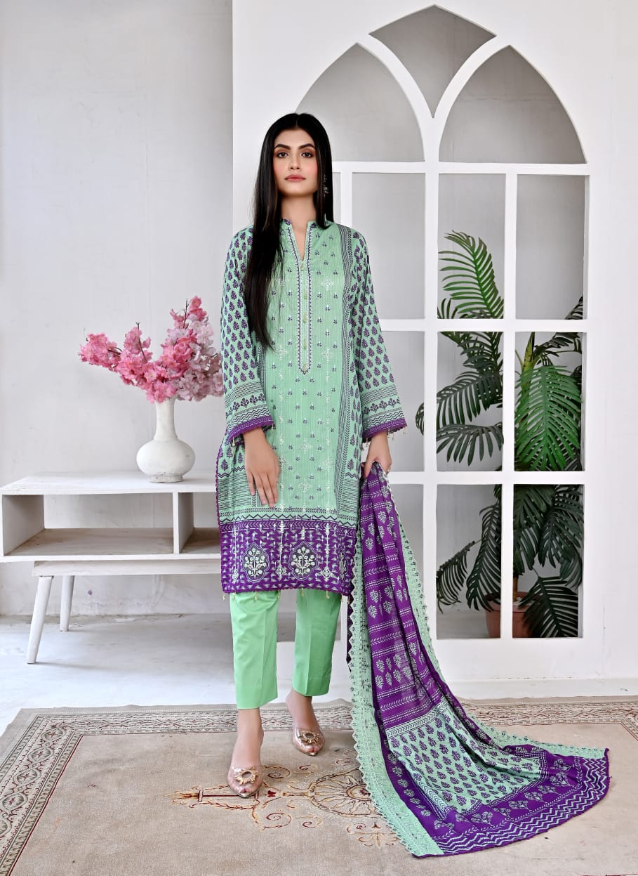 3 PIECE UNSTITCHED LAWN, Luxury Lawn With Cutwork Dupata By Fiza Minahil