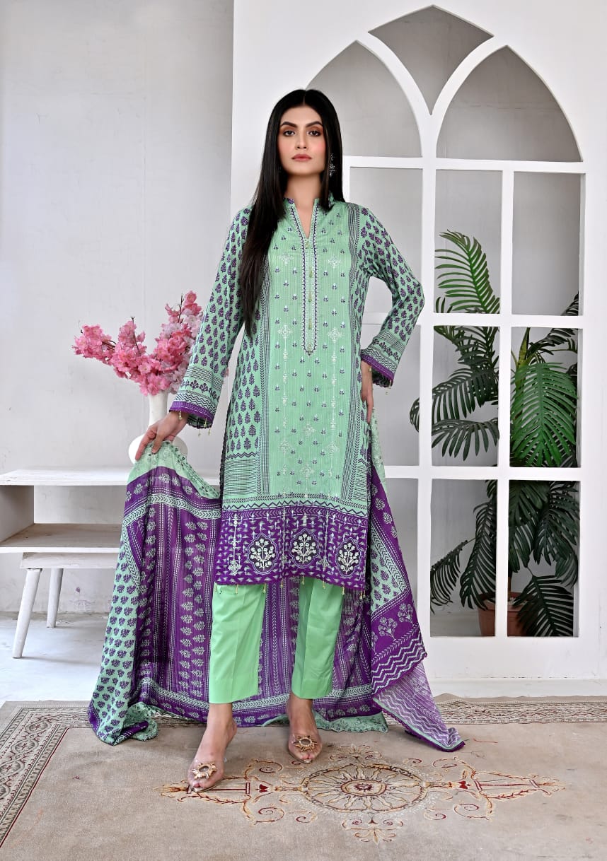 3 PIECE UNSTITCHED LAWN, Luxury Lawn With Cutwork Dupata By Fiza Minahil