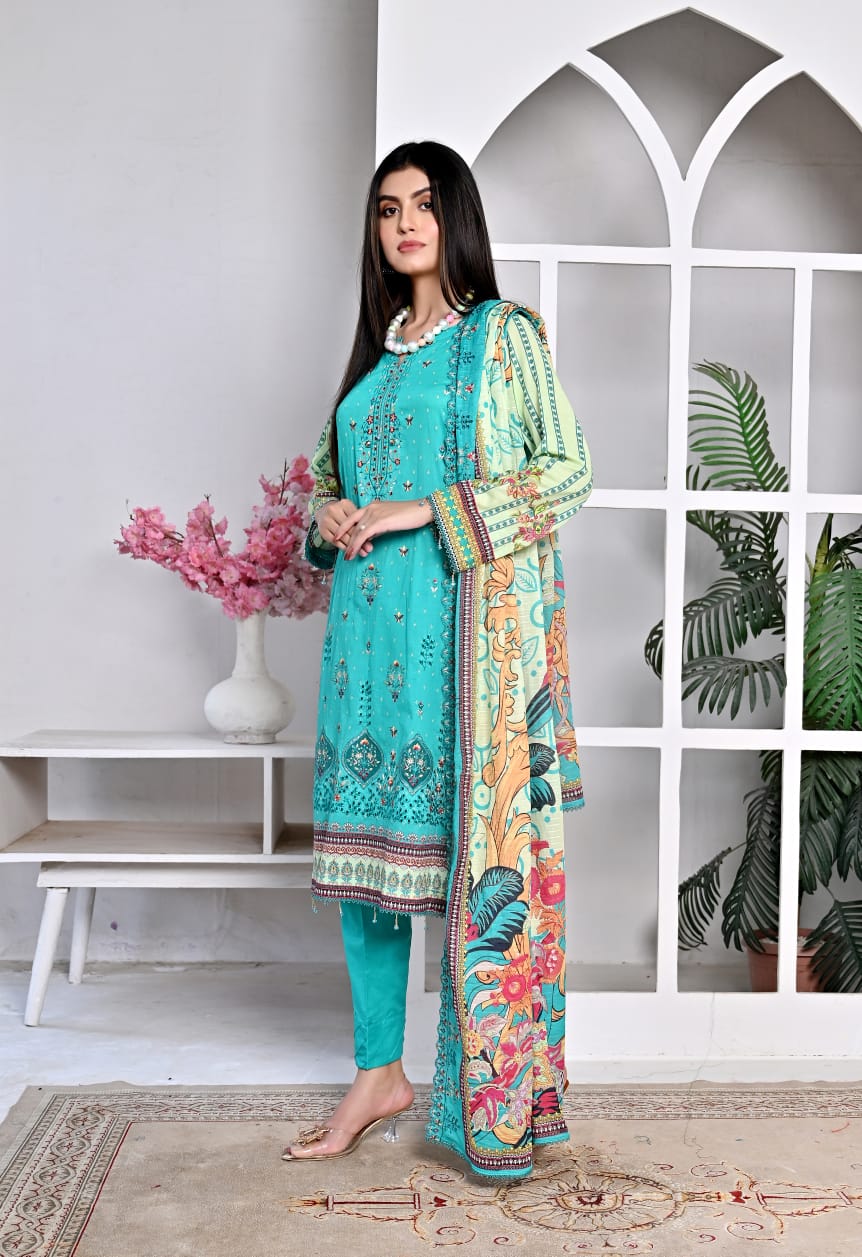 3 PIECE UNSTITCHED LAWN, Luxury Lawn With Cutwork Dupata By Fiza Minahil