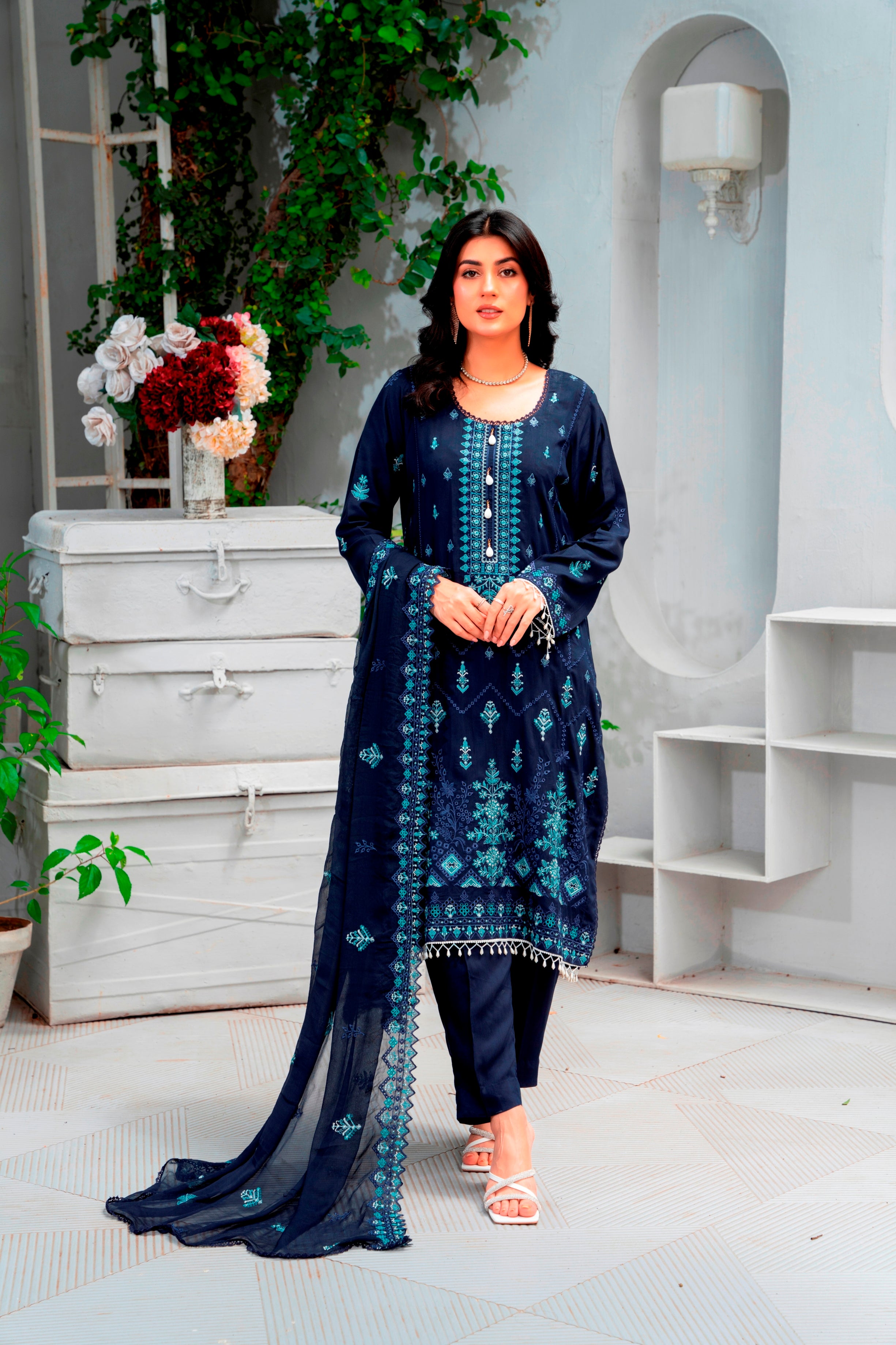 3-Pcs Luxury Embroidery Viscose Suit with Embroidery Cut Work Bamber Chiffon Dupatta by FizaMinahil