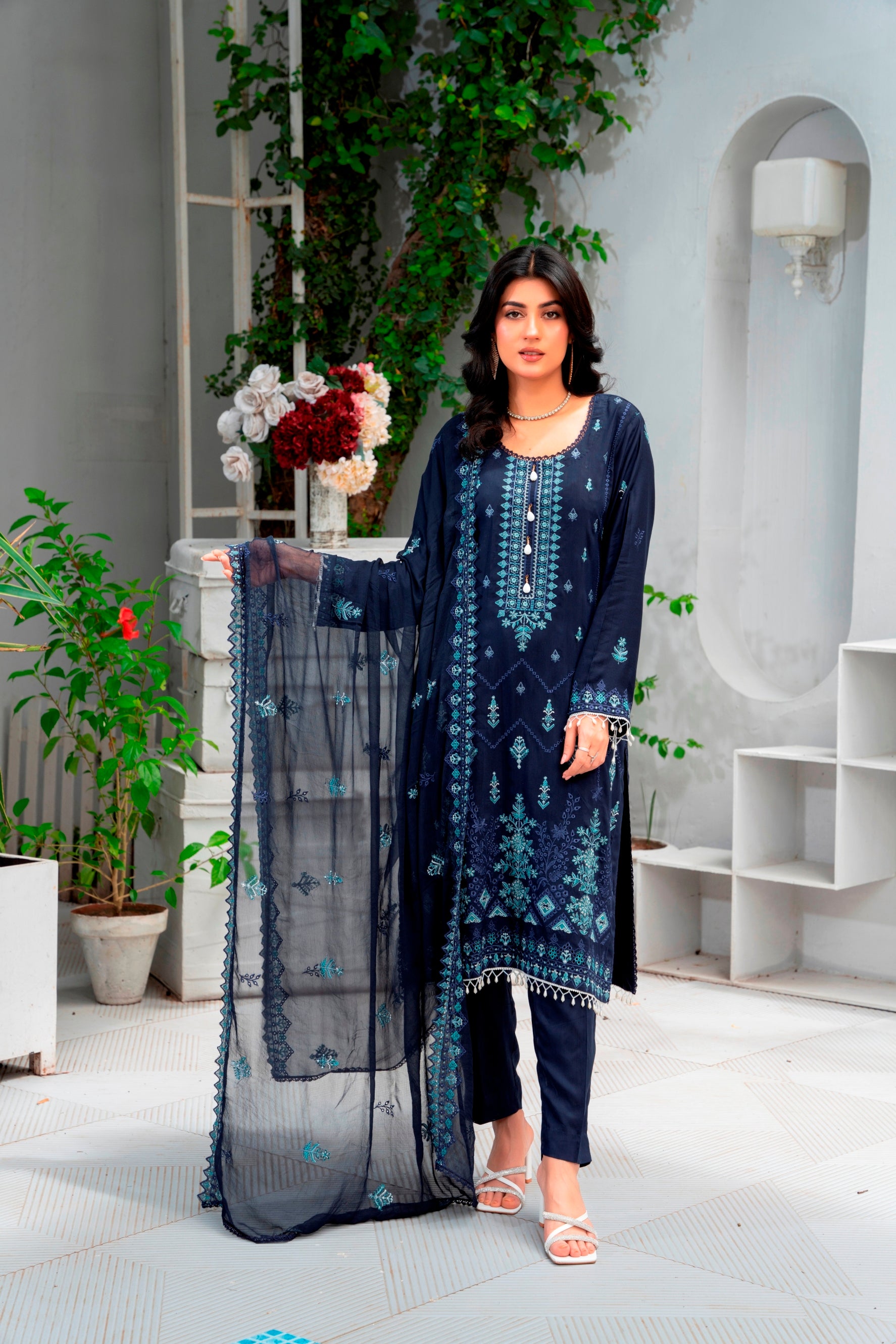 3-Pcs Luxury Embroidery Viscose Suit with Embroidery Cut Work Bamber Chiffon Dupatta by FizaMinahil