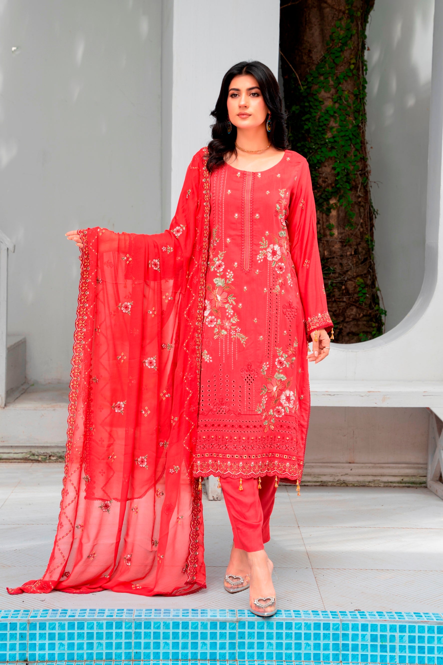 3-Pcs Luxury Embroidery Viscose Suit with Embroidery Cut Work Bamber Chiffon Dupatta by FizaMinahil