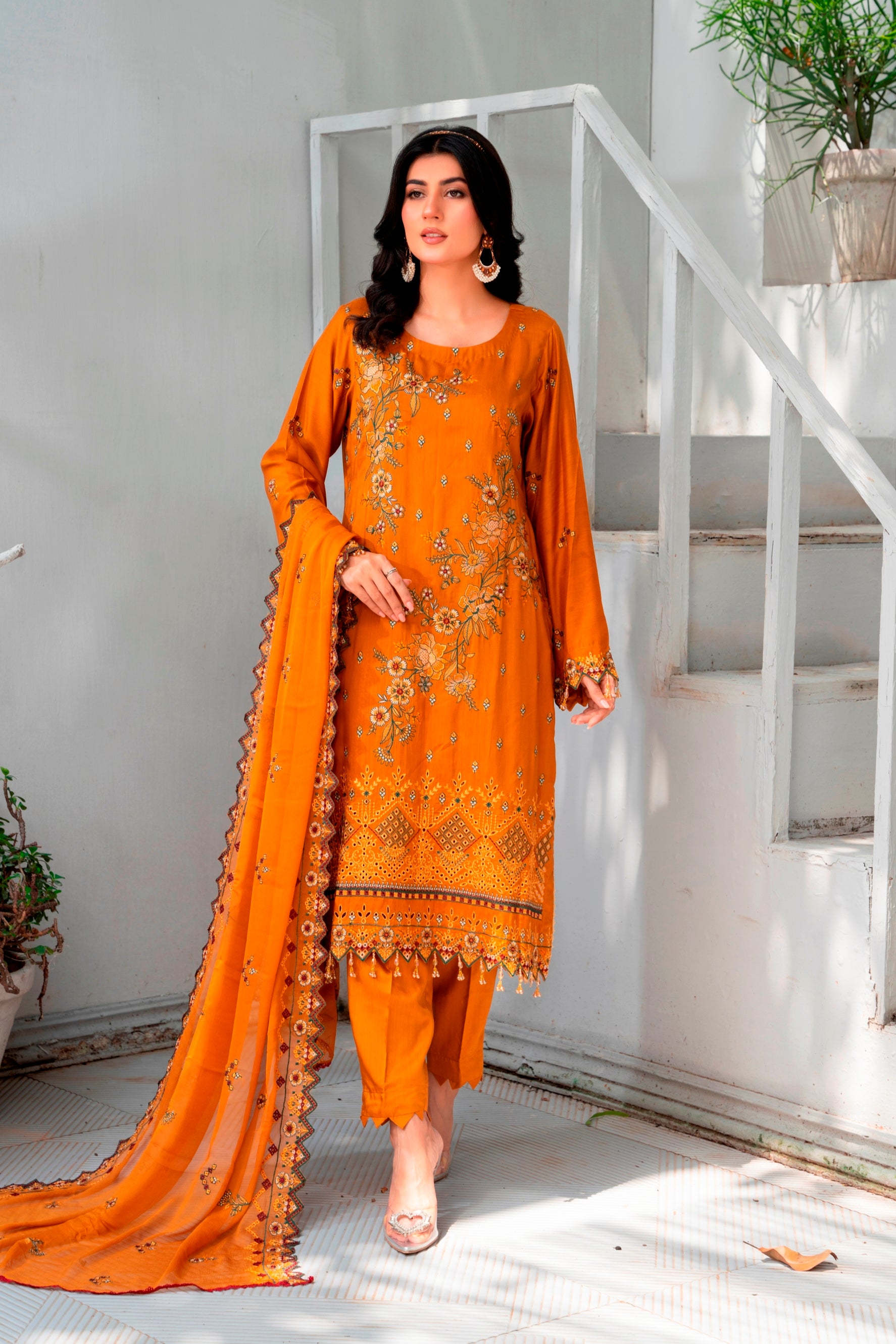 3-Pcs Luxury Embroidery Viscose Suit with Embroidery Cut Work Bamber Chiffon Dupatta by FizaMinahil