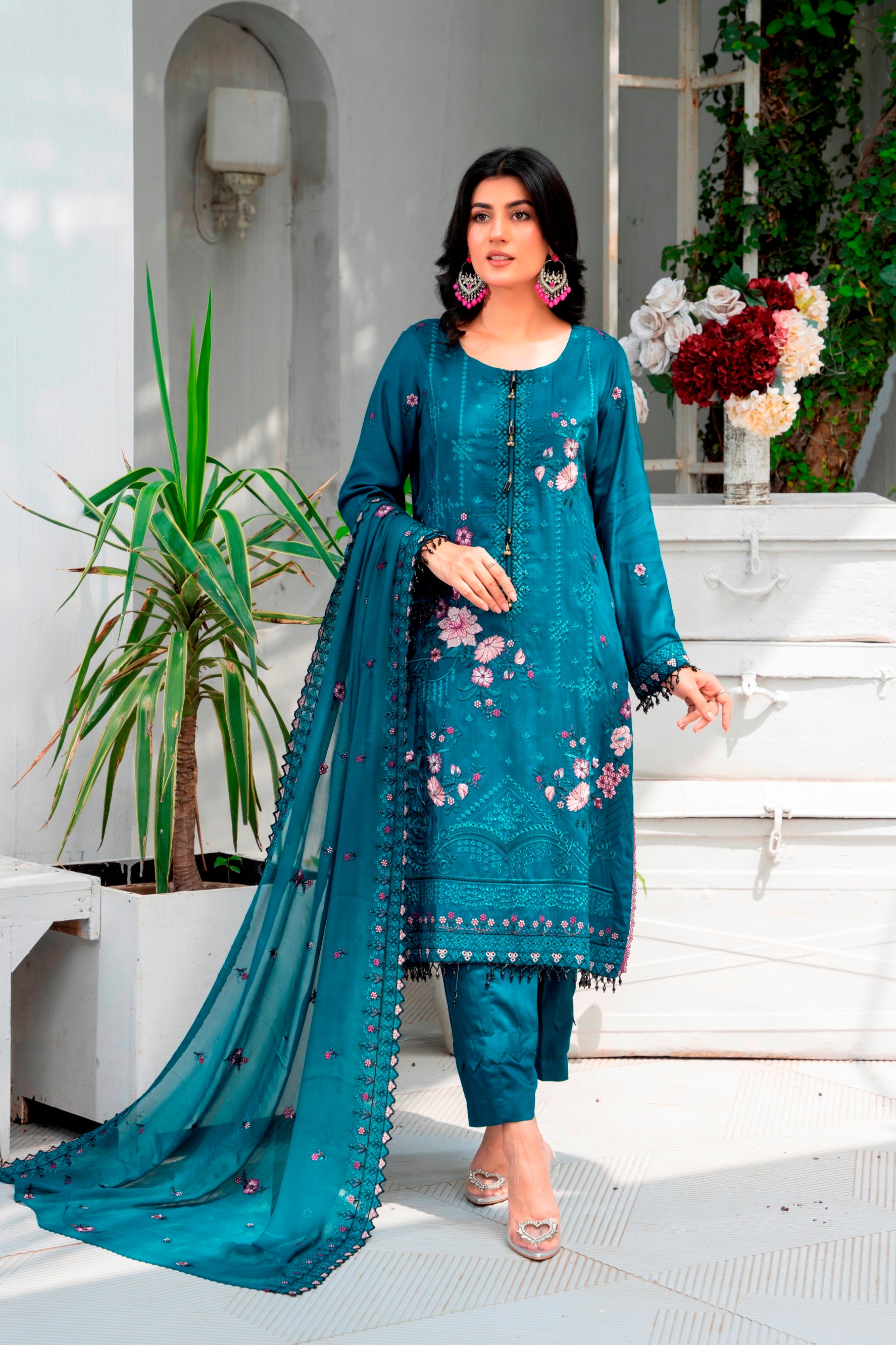 3-Pcs Luxury Embroidery Viscose Suit with Embroidery Cut Work Bamber Chiffon Dupatta by FizaMinahil