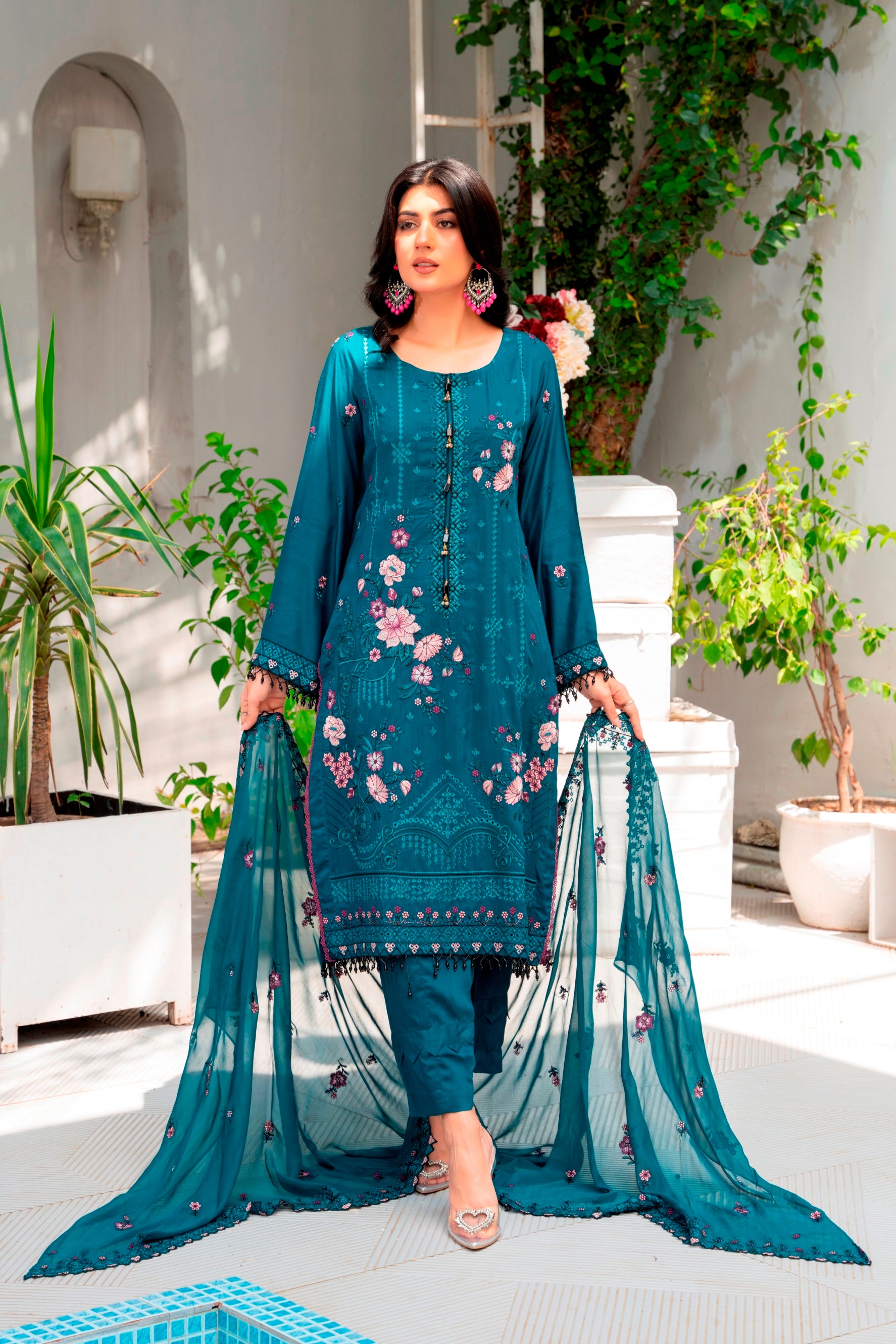 3-Pcs Luxury Embroidery Viscose Suit with Embroidery Cut Work Bamber Chiffon Dupatta by FizaMinahil