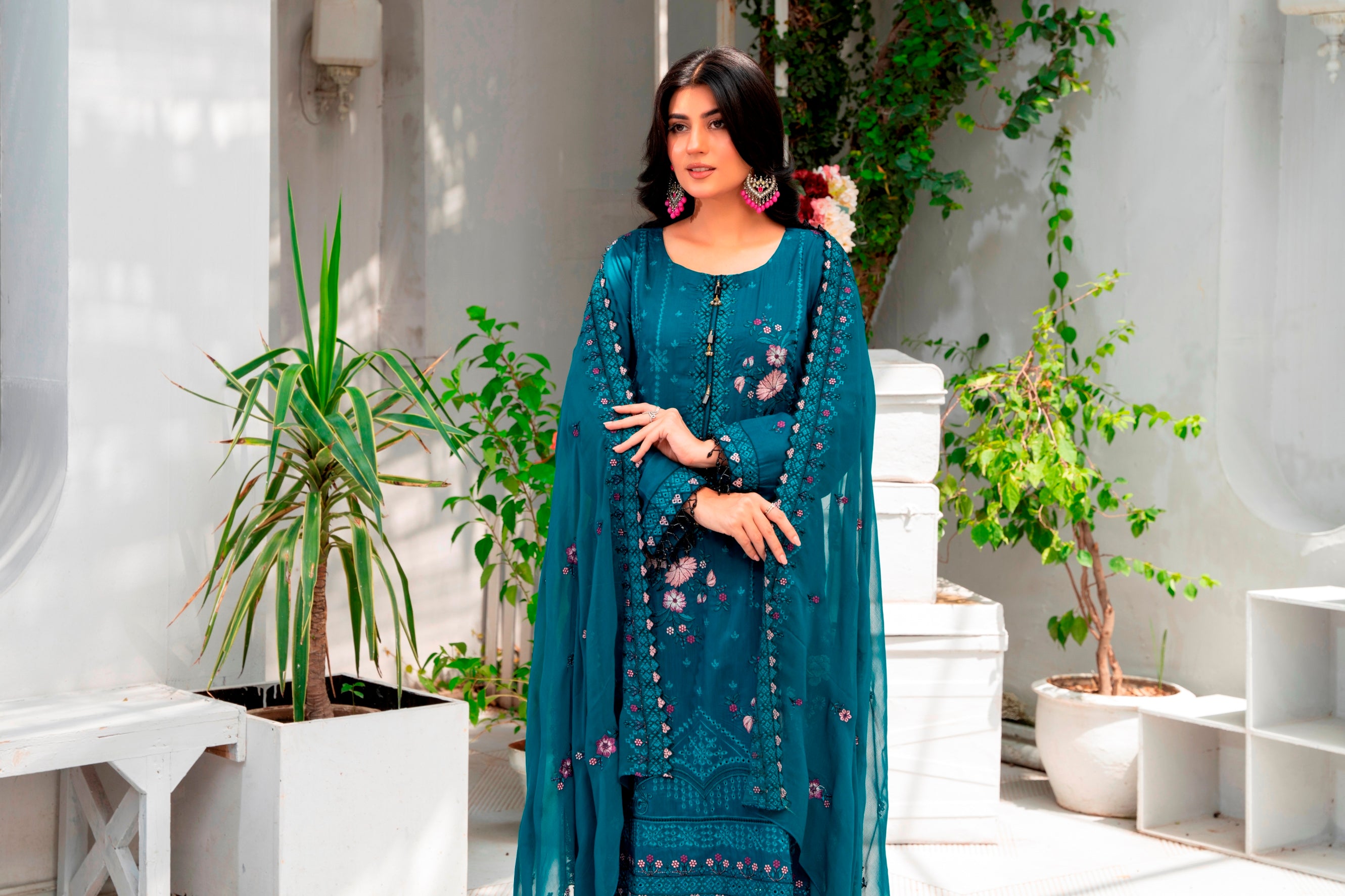 3-Pcs Luxury Embroidery Viscose Suit with Embroidery Cut Work Bamber Chiffon Dupatta by FizaMinahil