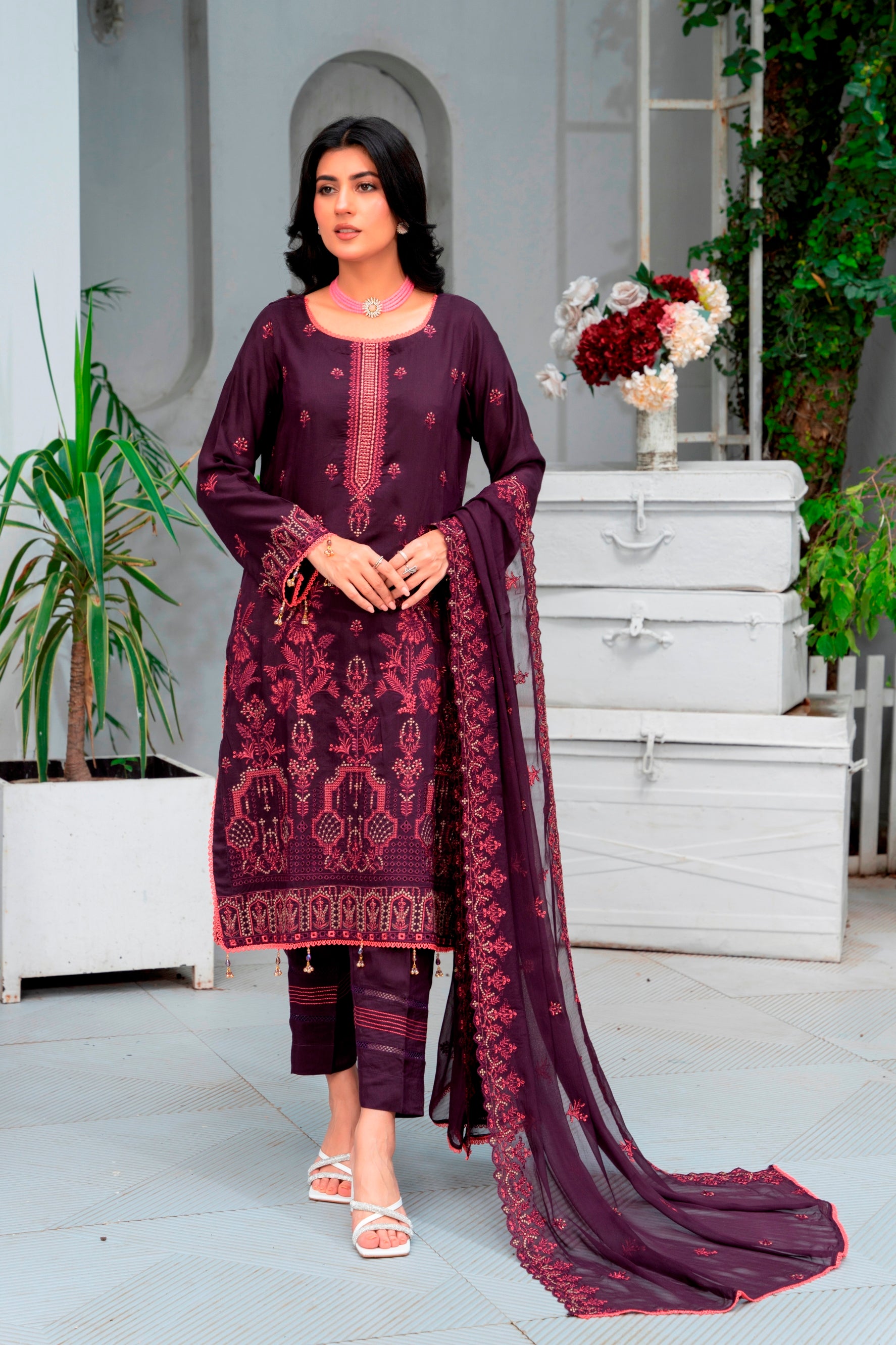 3-Pcs Luxury Embroidery Viscose Suit with Embroidery Cut Work Bamber Chiffon Dupatta by FizaMinahil