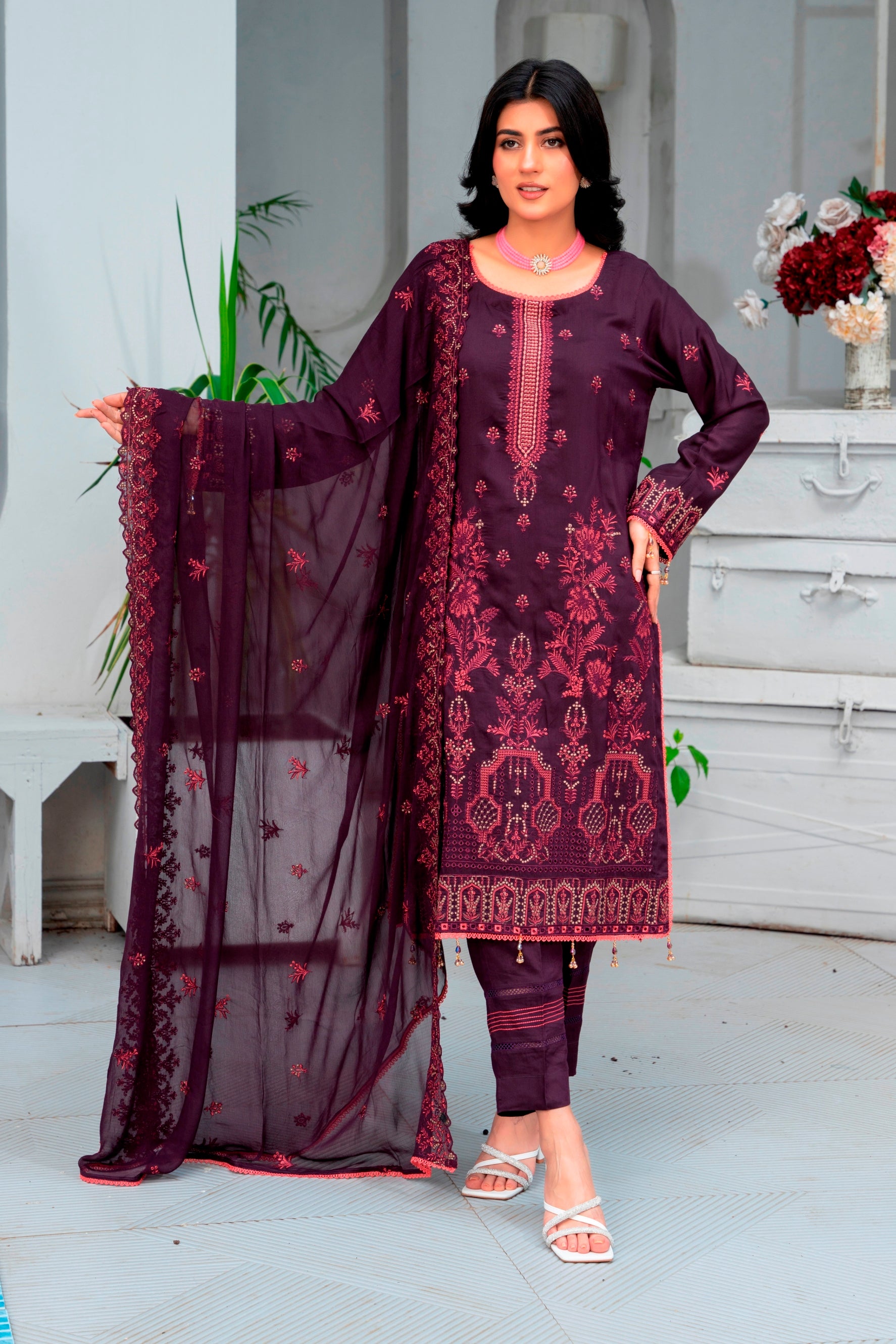 3-Pcs Luxury Embroidery Viscose Suit with Embroidery Cut Work Bamber Chiffon Dupatta by FizaMinahil