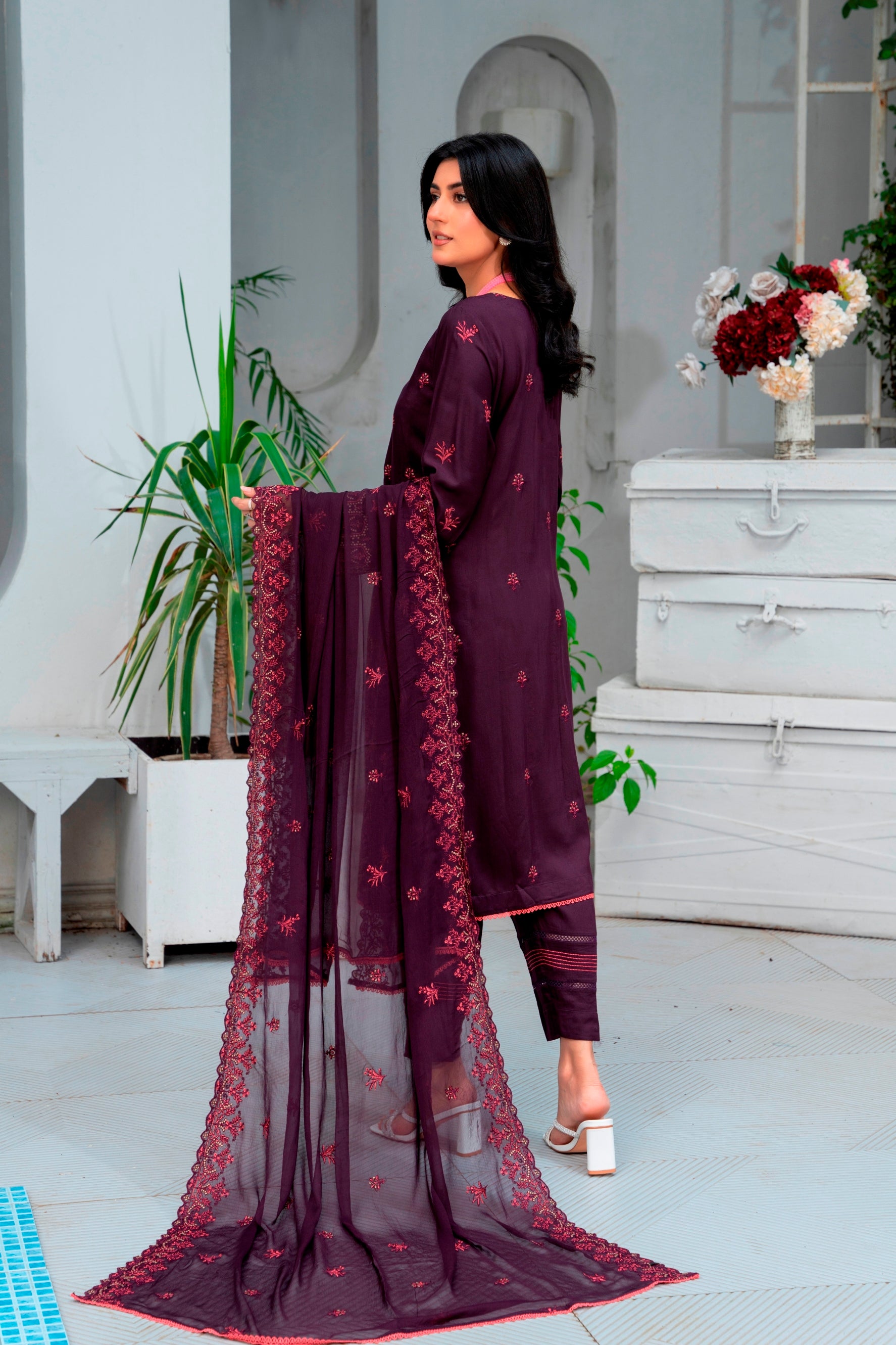 3-Pcs Luxury Embroidery Viscose Suit with Embroidery Cut Work Bamber Chiffon Dupatta by FizaMinahil