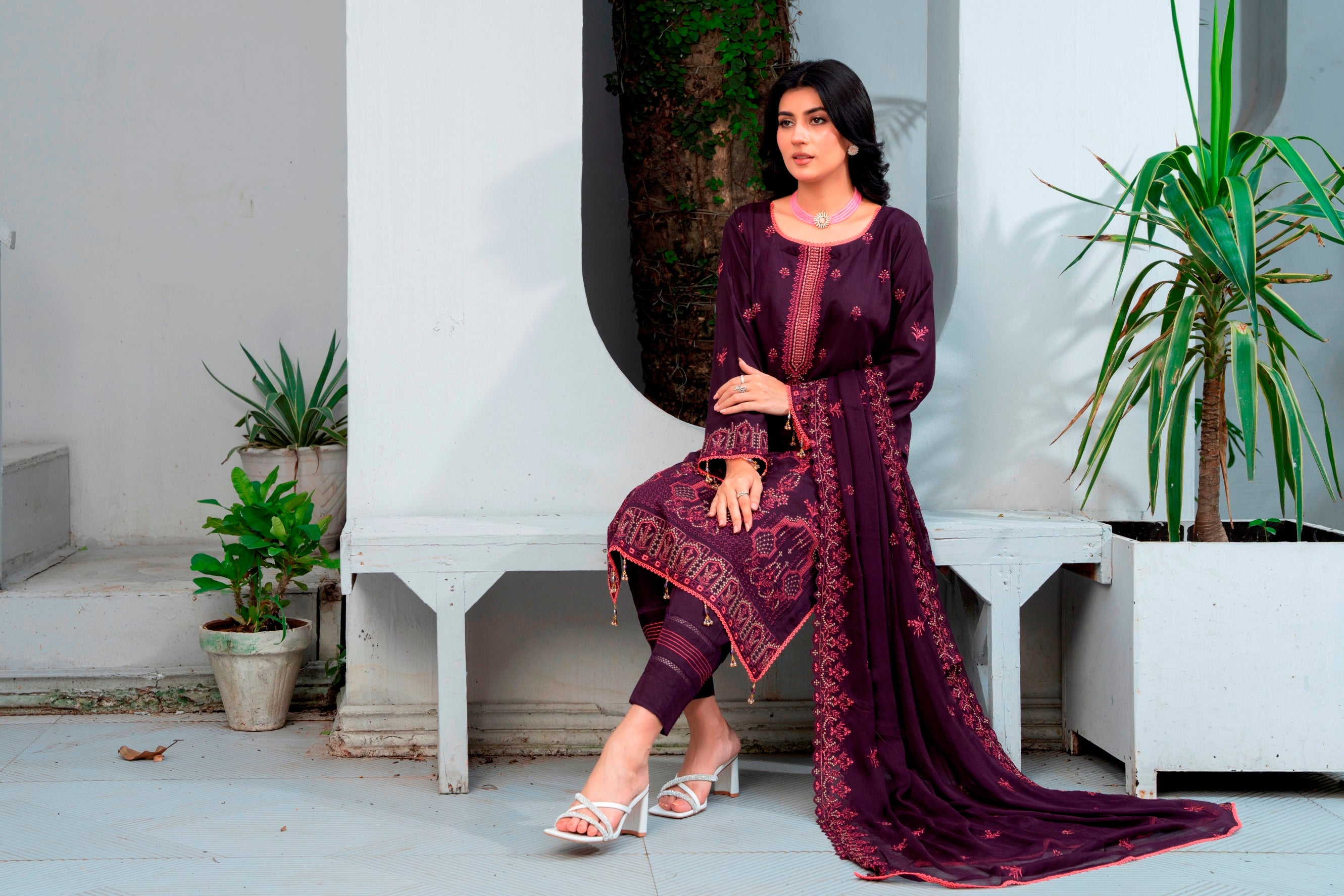 3-Pcs Luxury Embroidery Viscose Suit with Embroidery Cut Work Bamber Chiffon Dupatta by FizaMinahil