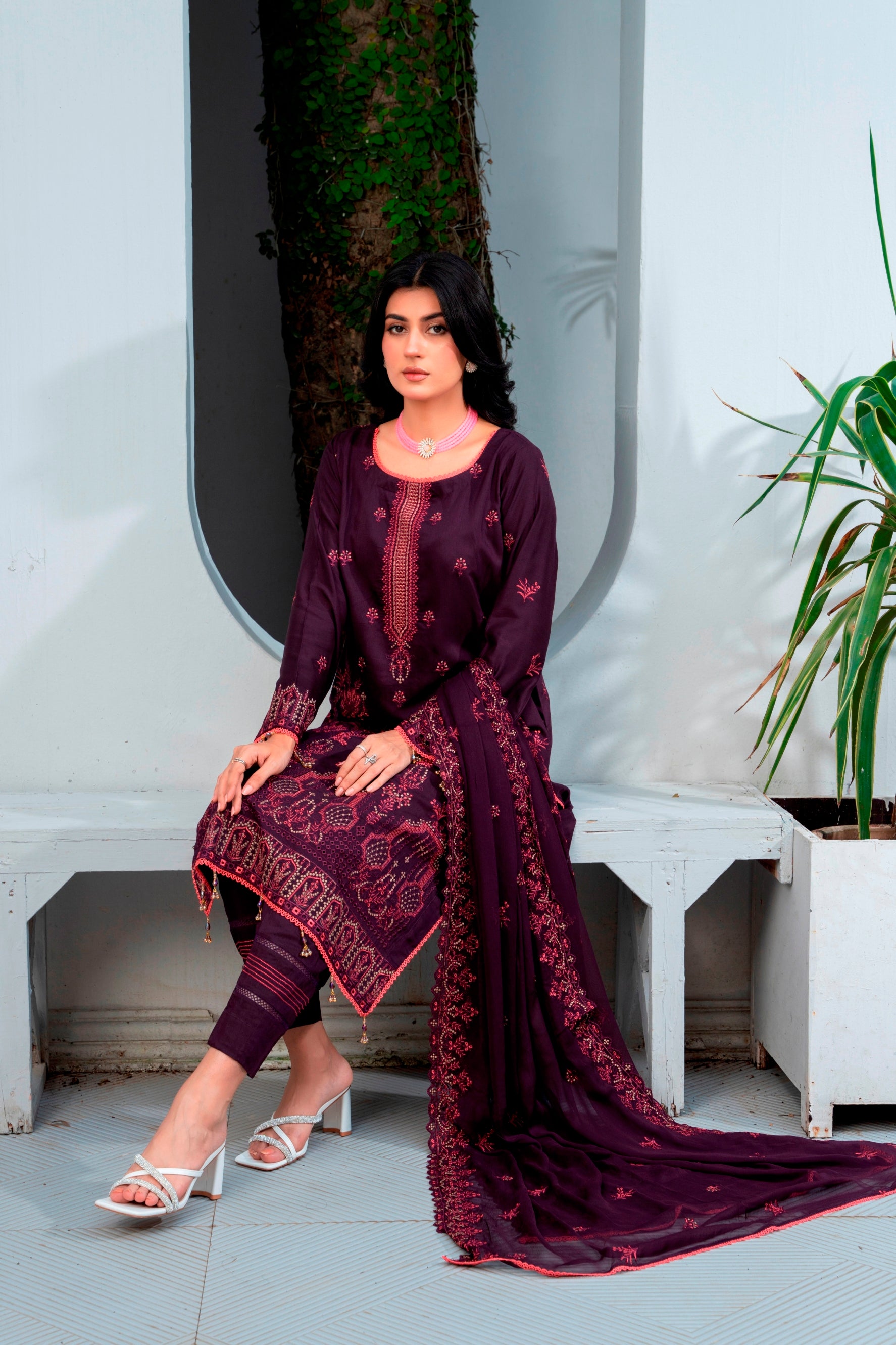 3-Pcs Luxury Embroidery Viscose Suit with Embroidery Cut Work Bamber Chiffon Dupatta by FizaMinahil