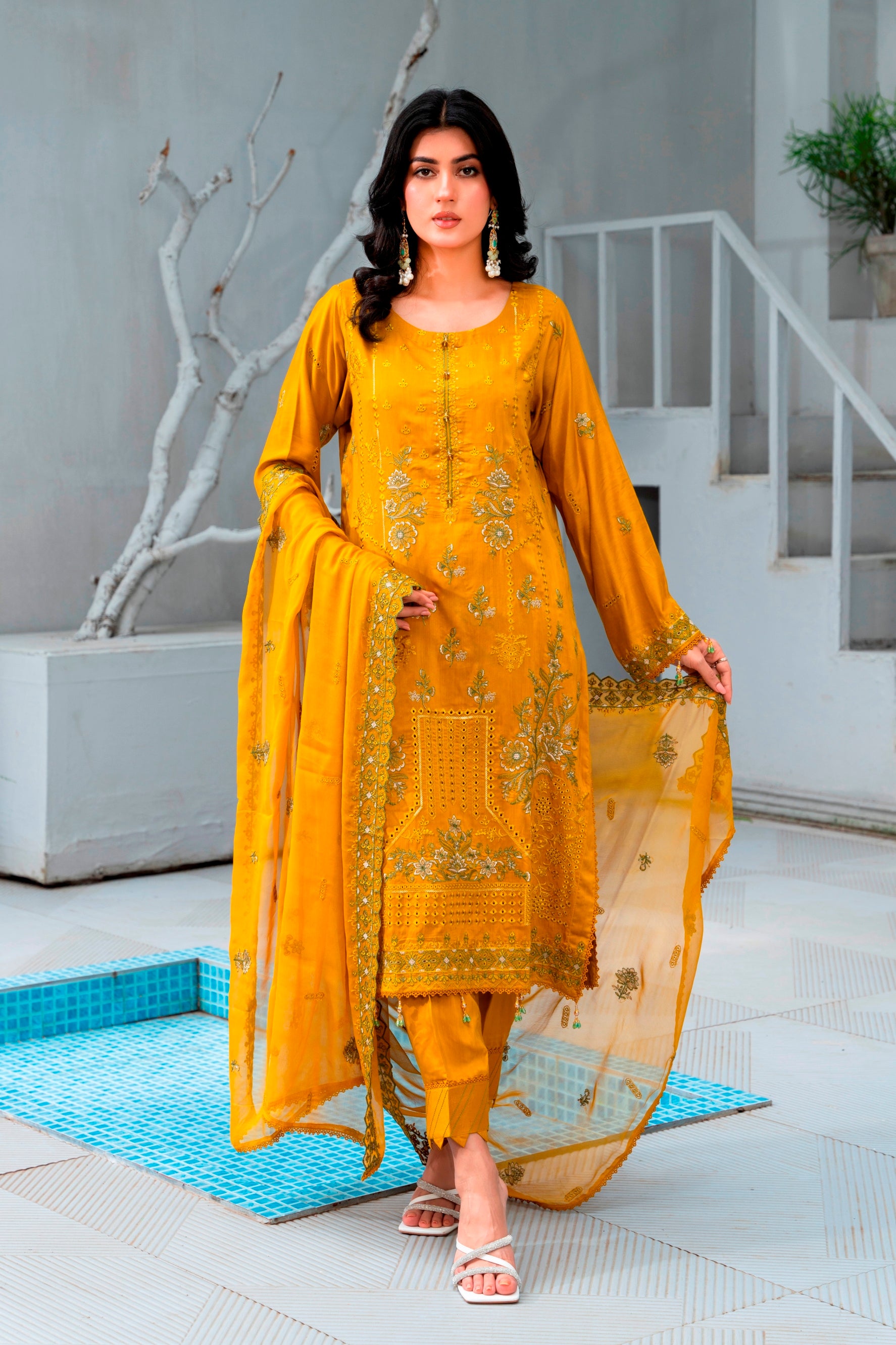 3-Pcs Luxury Embroidery Viscose Suit with Embroidery Cut Work Bamber Chiffon Dupatta by FizaMinahil