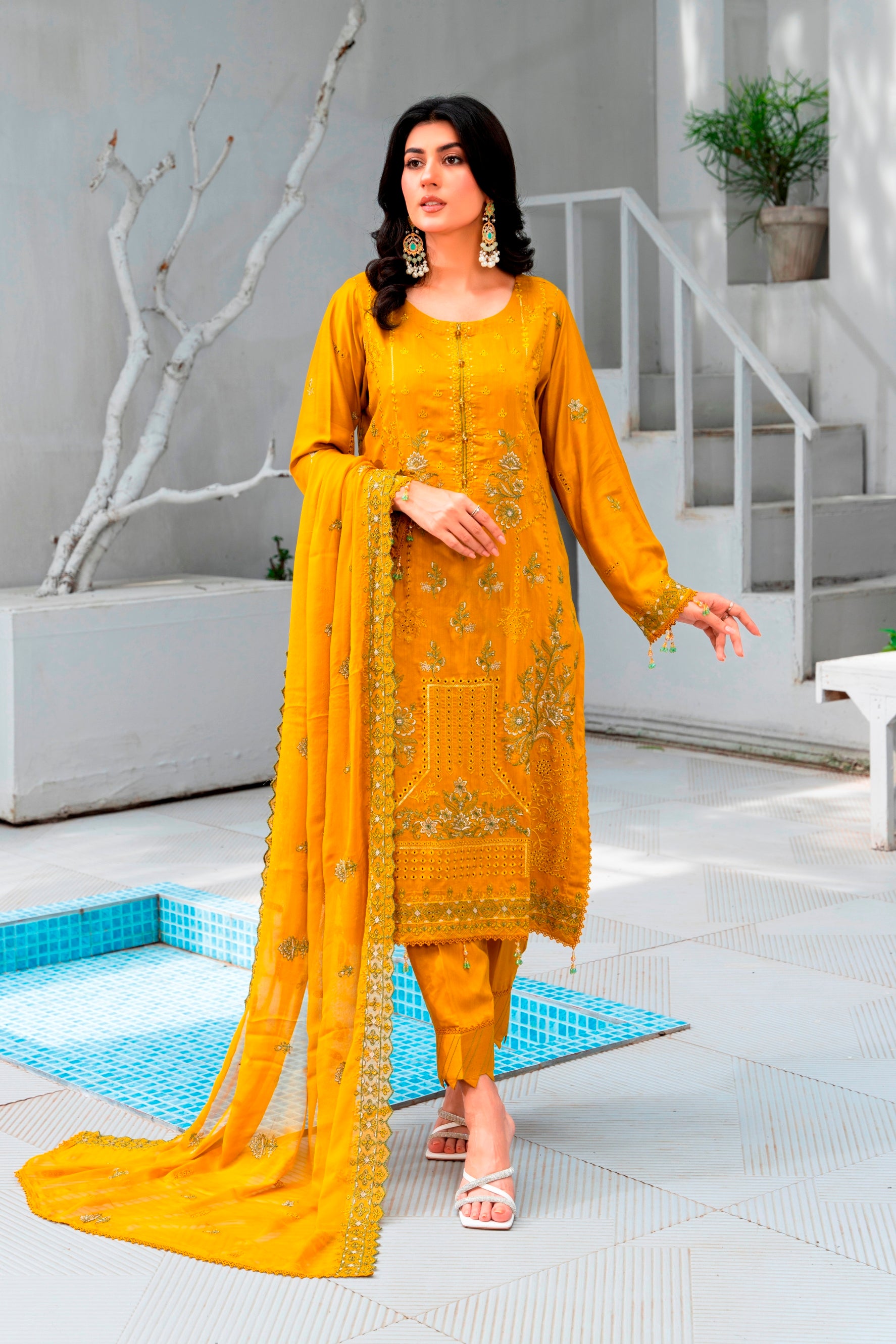 3-Pcs Luxury Embroidery Viscose Suit with Embroidery Cut Work Bamber Chiffon Dupatta by FizaMinahil