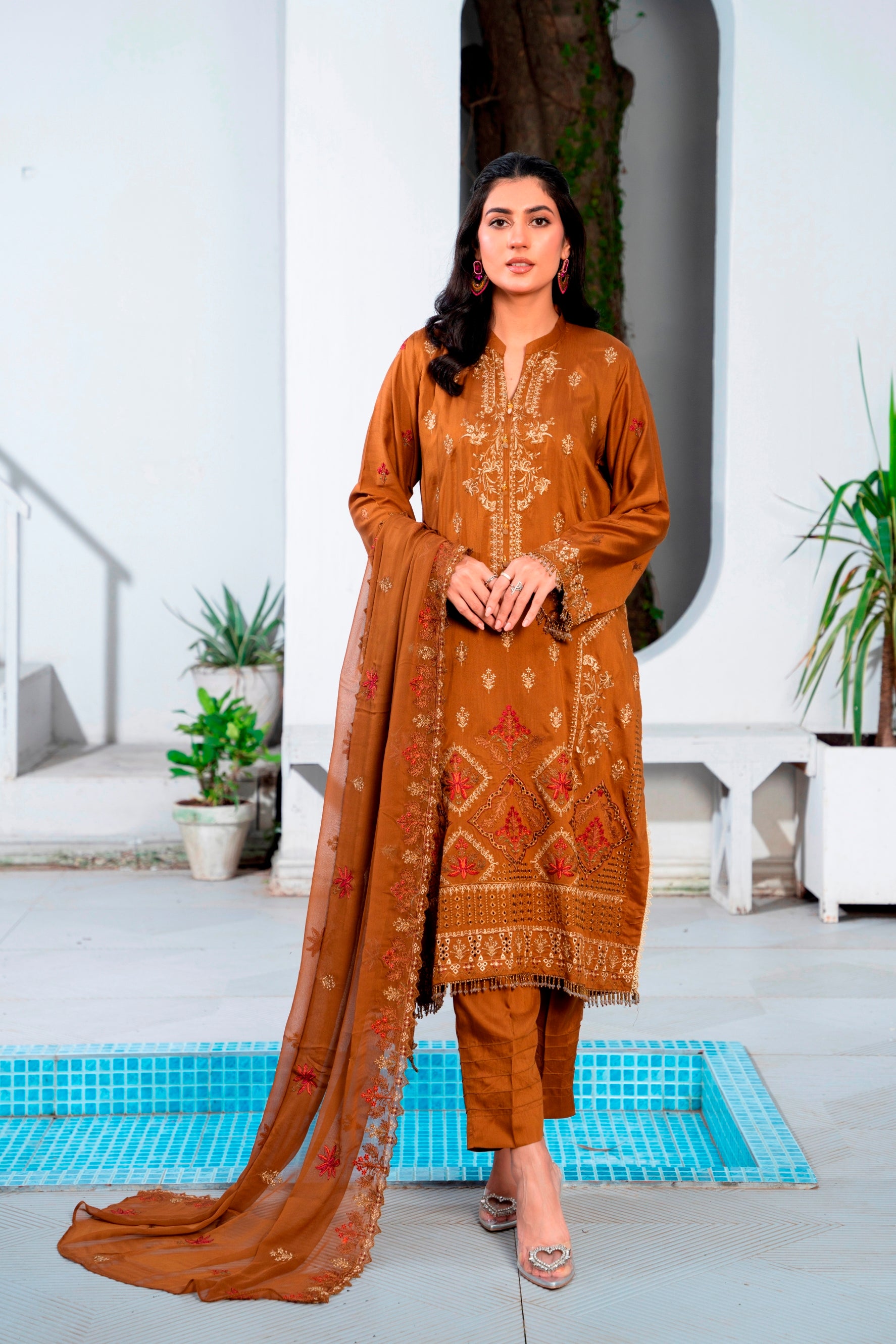 3-Pcs Luxury Embroidery Viscose Suit with Embroidery Cut Work Bamber Chiffon Dupatta by FizaMinahil