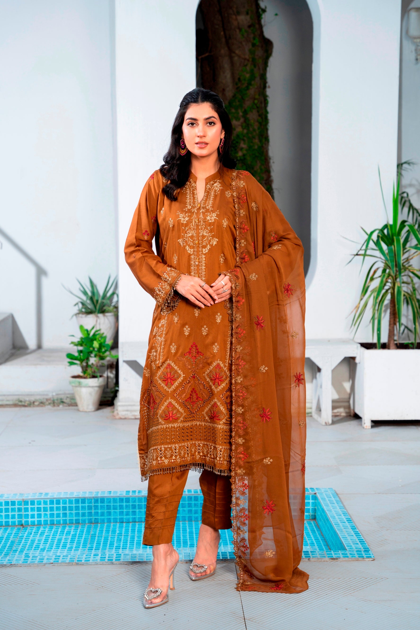 3-Pcs Luxury Embroidery Viscose Suit with Embroidery Cut Work Bamber Chiffon Dupatta by FizaMinahil