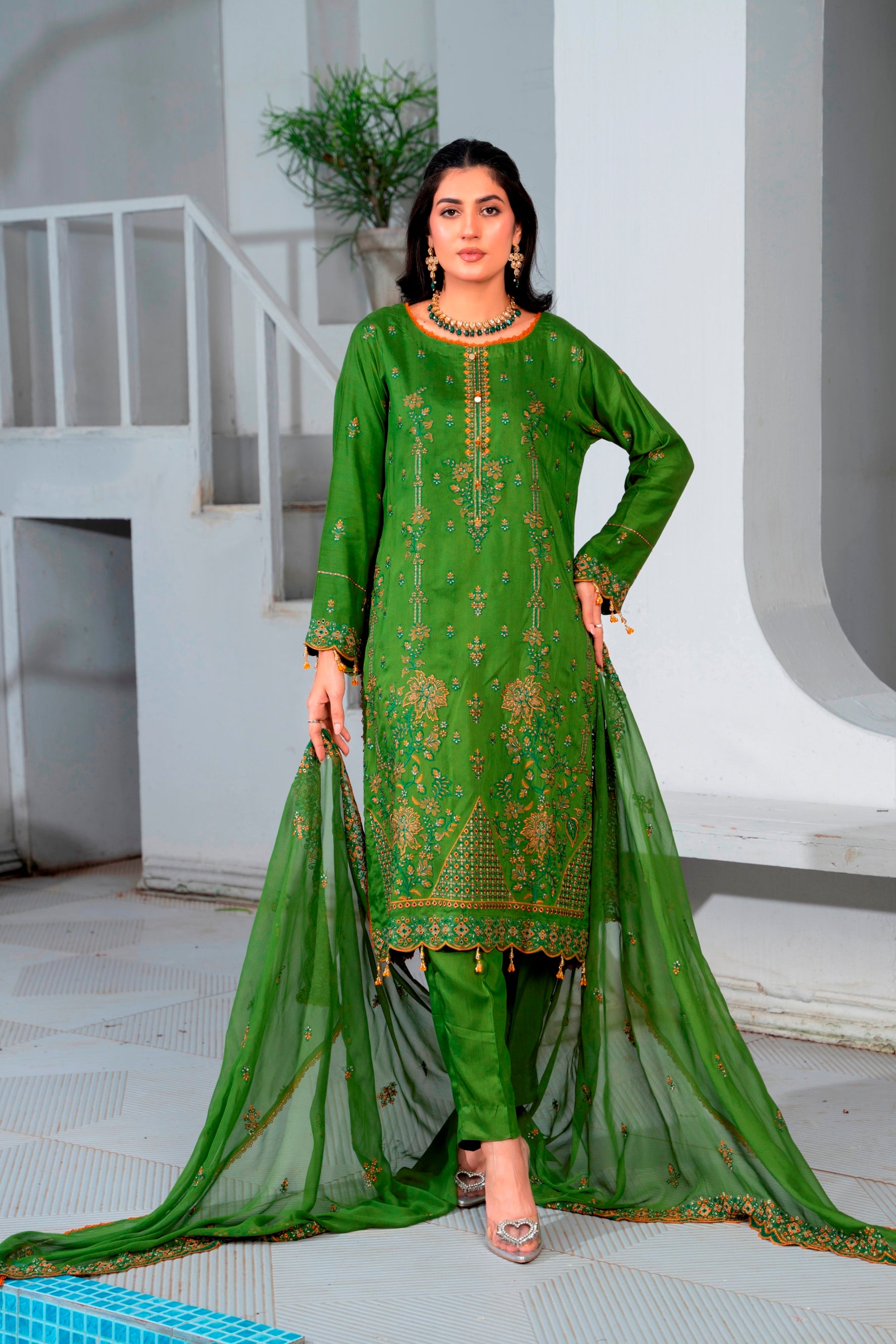 3-Pcs Luxury Embroidery Viscose Suit with Embroidery Cut Work Bamber Chiffon Dupatta by FizaMinahil