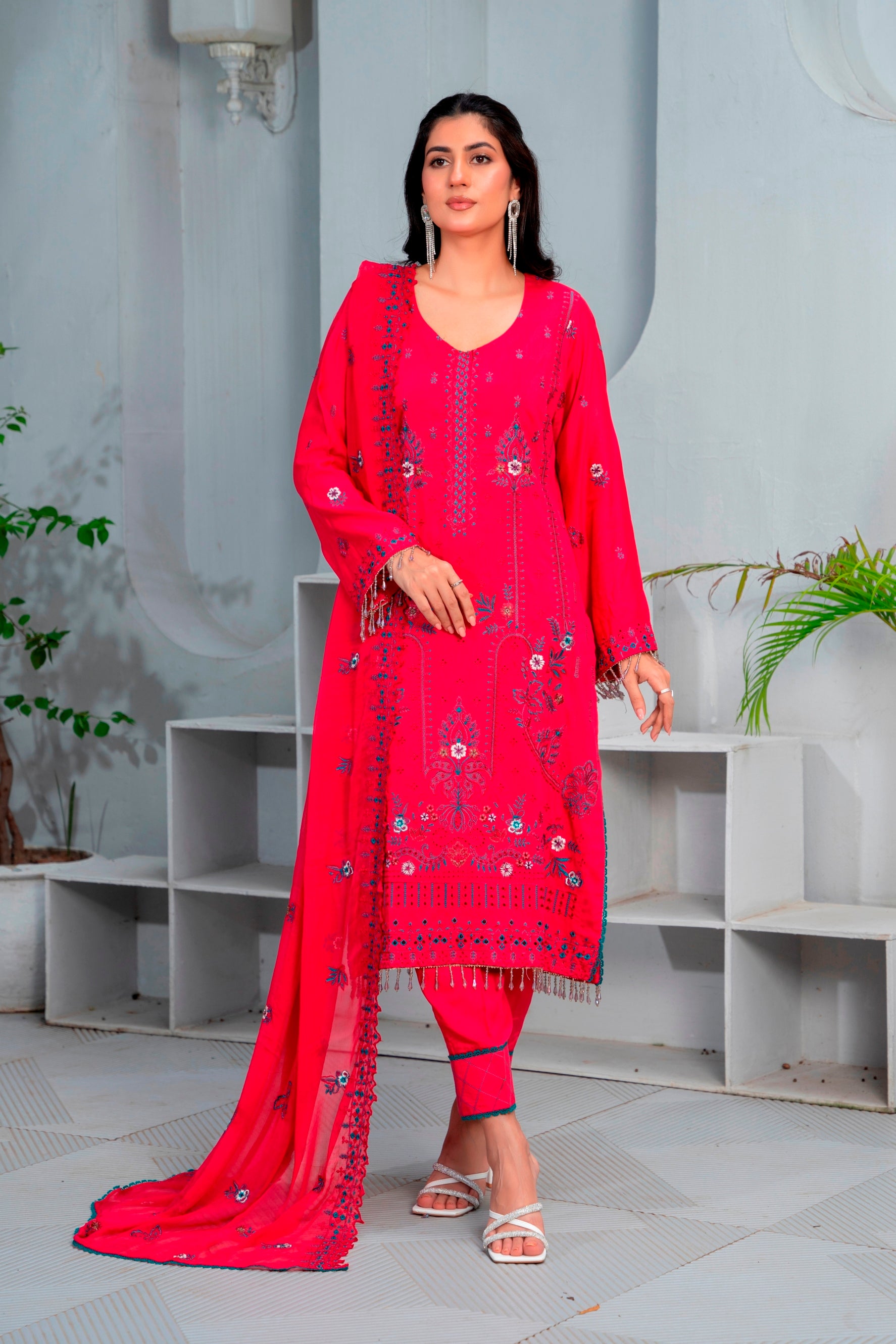 3-Pcs Luxury Embroidery Viscose Suit with Embroidery Cut Work Bamber Chiffon Dupatta by FizaMinahil