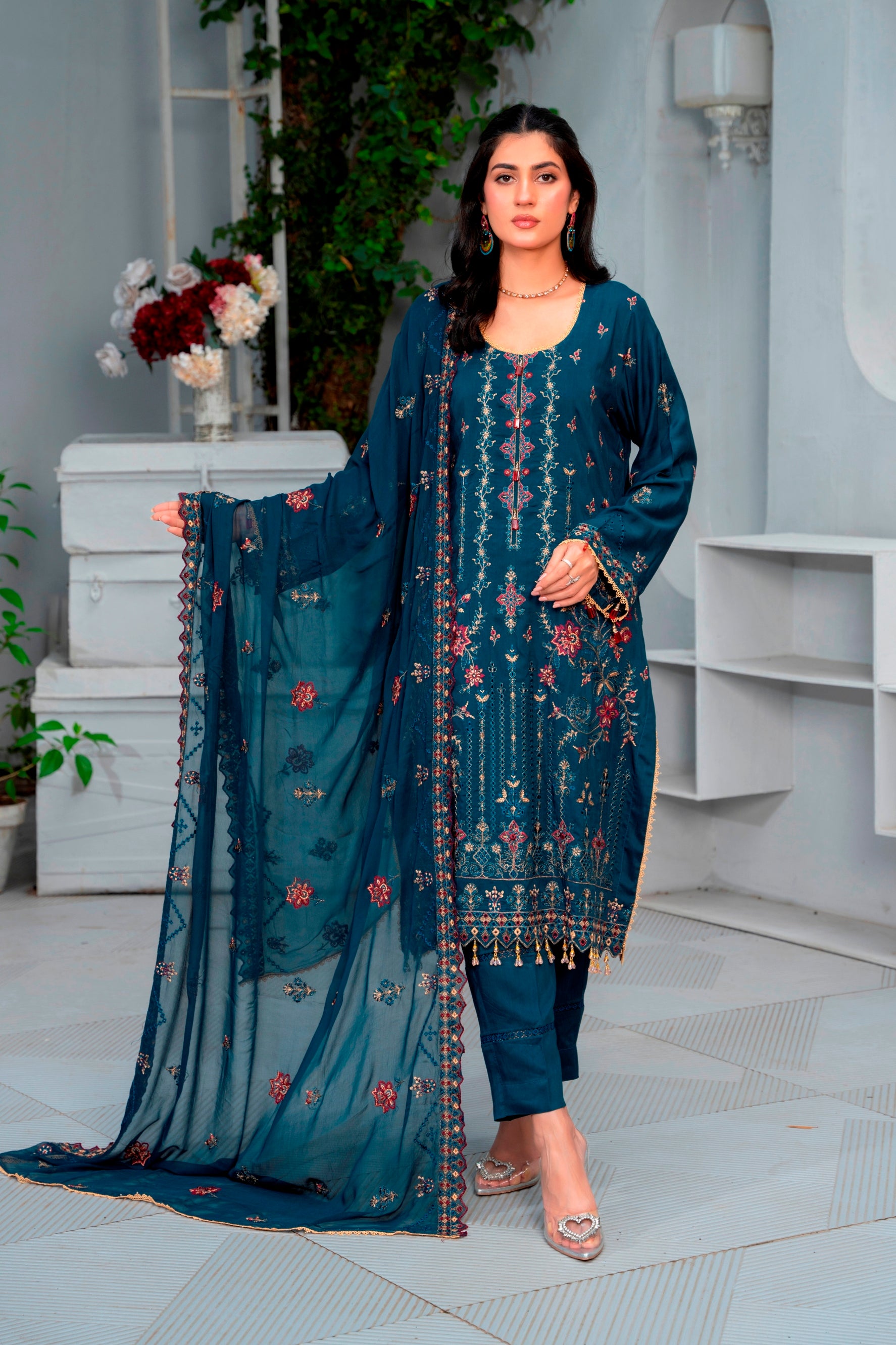 3-Pcs Luxury Embroidery Viscose Suit with Embroidery Cut Work Bamber Chiffon Dupatta by FizaMinahil