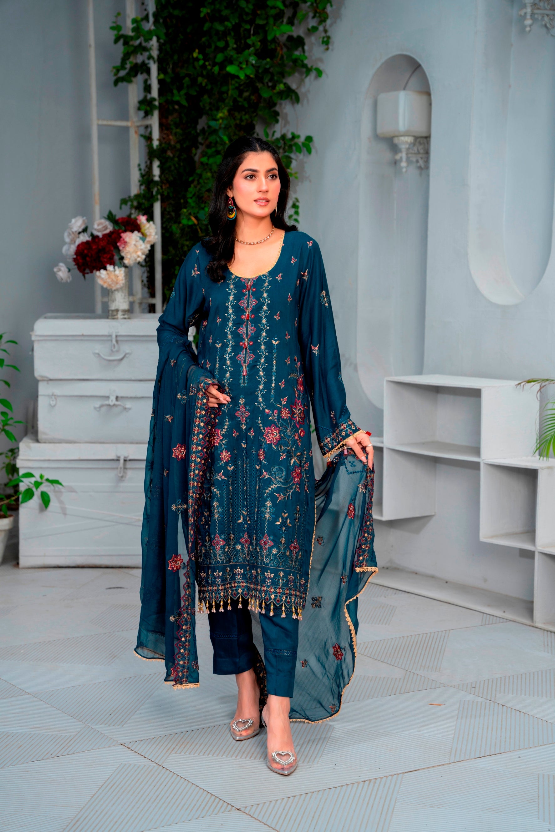 3-Pcs Luxury Embroidery Viscose Suit with Embroidery Cut Work Bamber Chiffon Dupatta by FizaMinahil