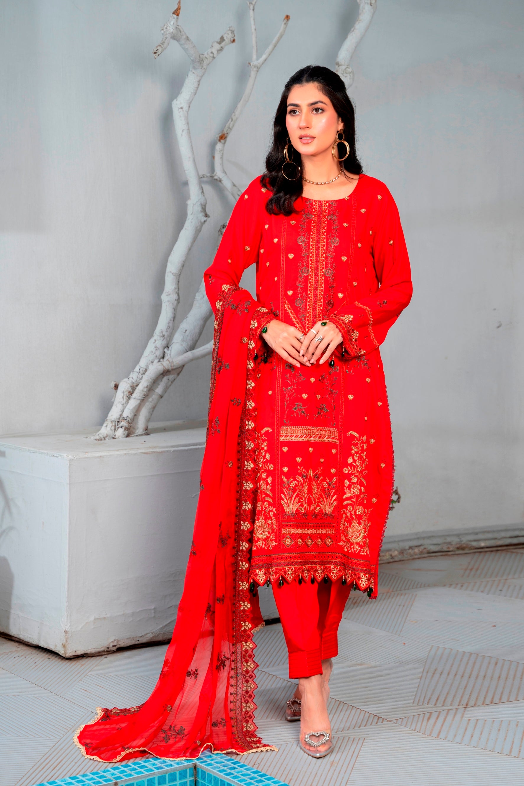 3-Pcs Luxury Embroidery Viscose Suit with Embroidery Cut Work Bamber Chiffon Dupatta by FizaMinahil