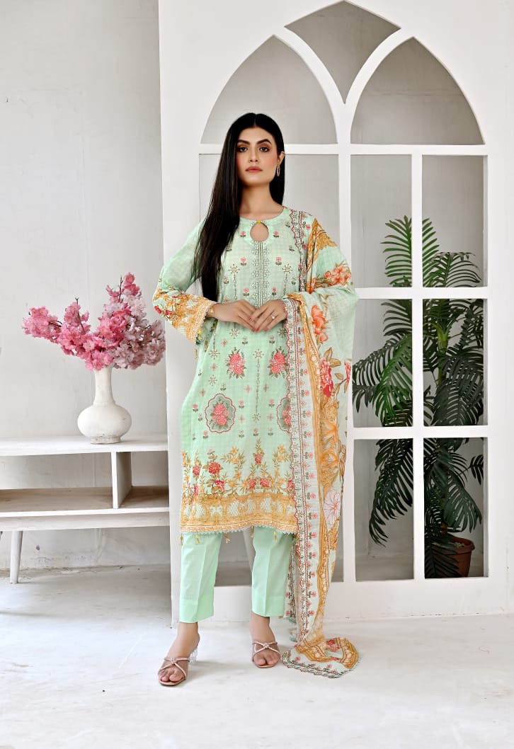 3 PIECE UNSTITCHED LAWN, Luxury Lawn With Cutwork Dupata By Fiza Minahil