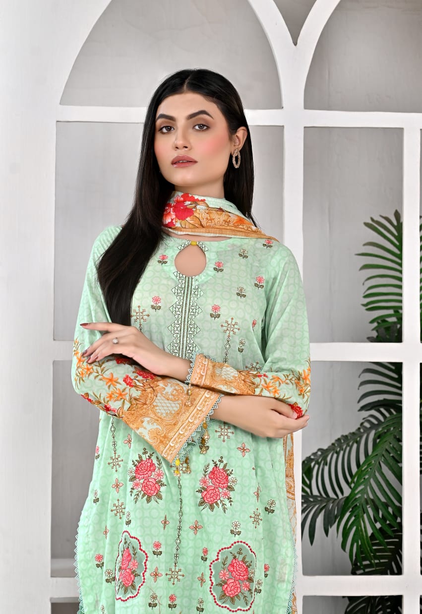 3 PIECE UNSTITCHED LAWN, Luxury Lawn With Cutwork Dupata By Fiza Minahil