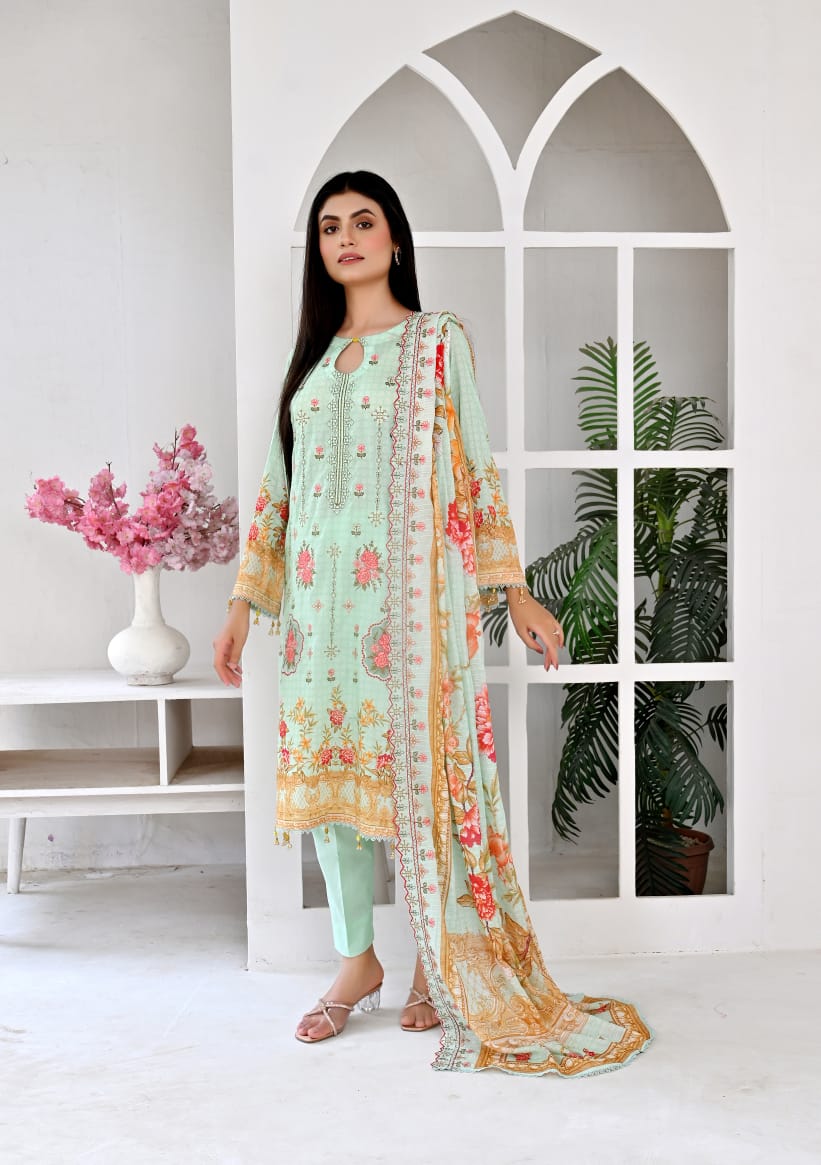 3 PIECE UNSTITCHED LAWN, Luxury Lawn With Cutwork Dupata By Fiza Minahil