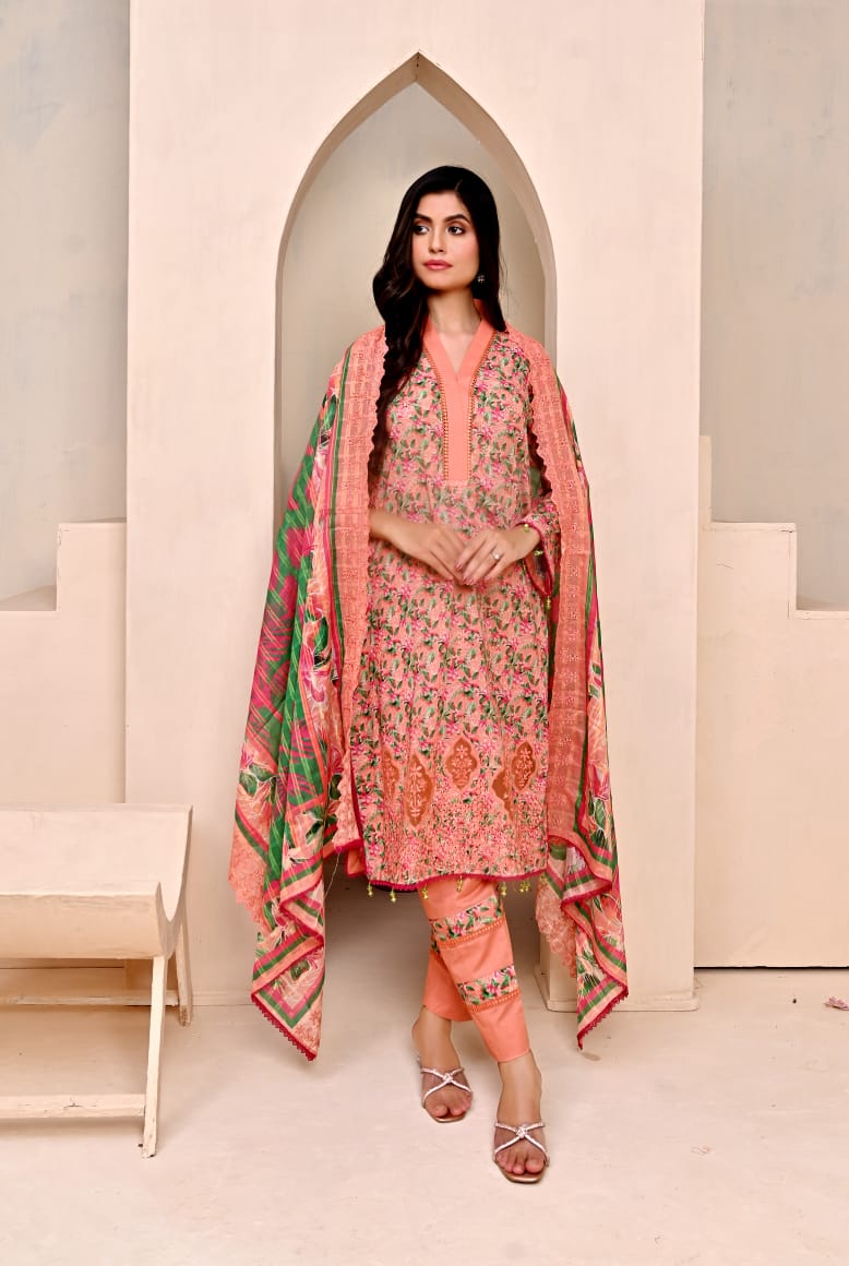 3 PIECE UNSTITCHED LAWN, Luxury Lawn With Cutwork Dupata By Fiza Minahil